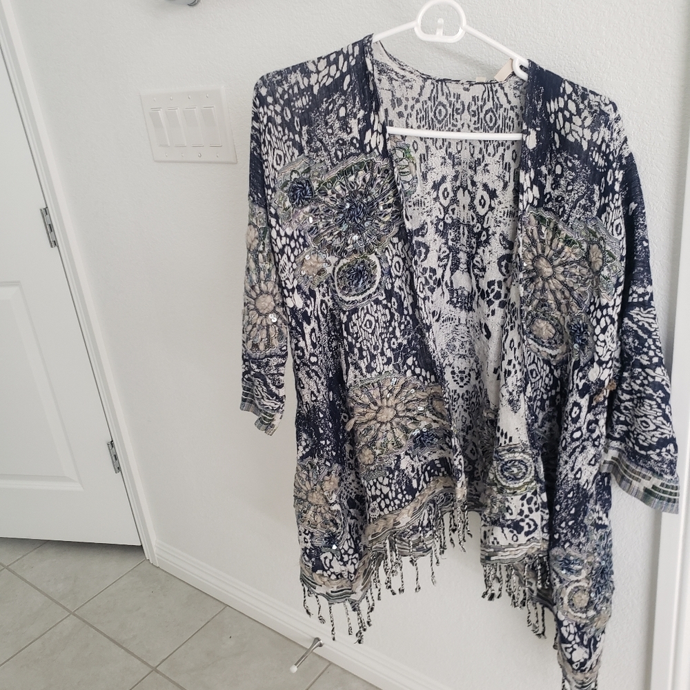 Beaded trim shawl style jacket by Soft Surroundings